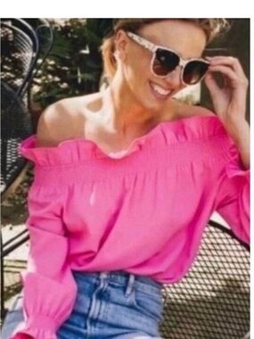 Tuckernuck Ruffled Off the Shoulder Marguerite Long Sleeve Blouse - Size m Pink